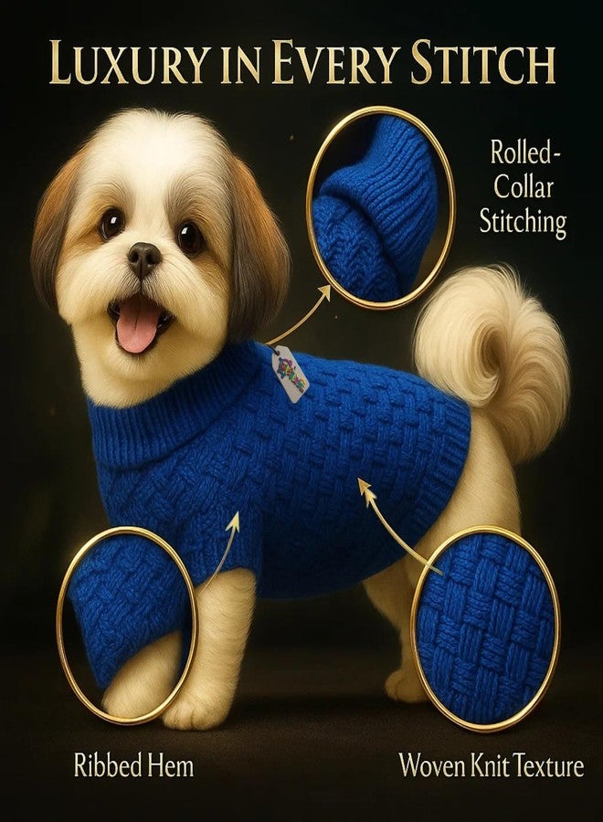 ويستيرن إرا سترة صوفية محبوكة يدويًا للكلاب من سلالة شيه تزو، بتصميم مستوحى من العصر الغربي | طقم ملابس شتوية دافئ وناعم للكلاب في الطقس البارد | سترة مريحة قابلة للتمدد بياقة عالية | ملابس شتوية مريحة للحيوانات الأليفة | أنيقة (أزرق) - Image 5